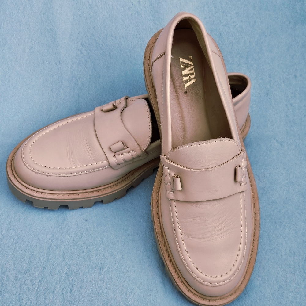 ZARA Genuine Leather Chunky Lug Sole Penny Loafers W's Sz EU 38/US 7.5 in Nude